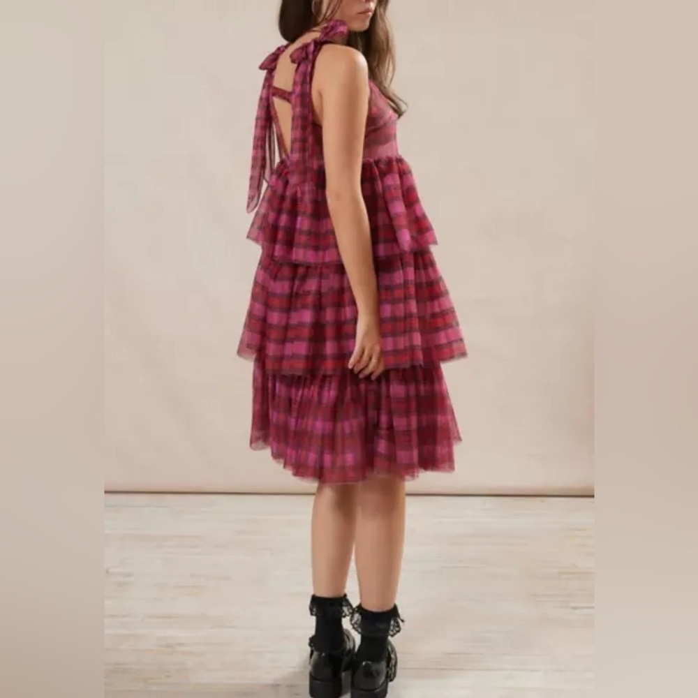 Urban Outfitters Pink Plaid Tiered Tie-Back Dress